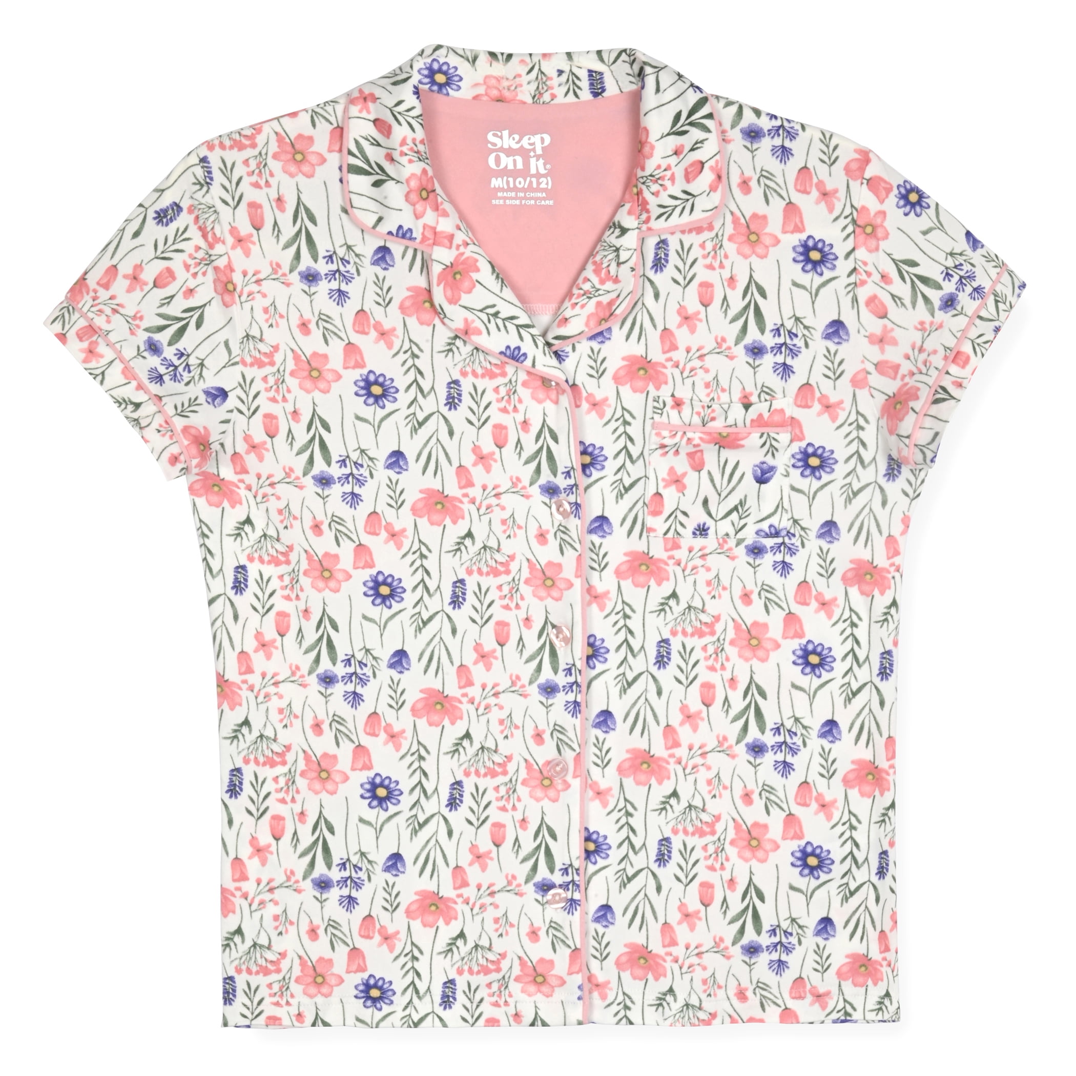 Sleep On It Girls Short Sleeve Button Down Top & Pant with Scrunchie, 2-Piece Sleep Set, Sizes 7-16