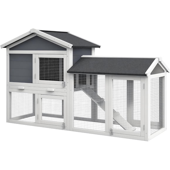 CHENZM 58" Large Rabbit Hutch Outdoor Indoor, Wooden Bunny Hutch, Guinea Pig Cage with Run, Removable Tray, Asphalt Roof, Lockable Doors and Ramp, for 1-2 Small Rabbits, Gray