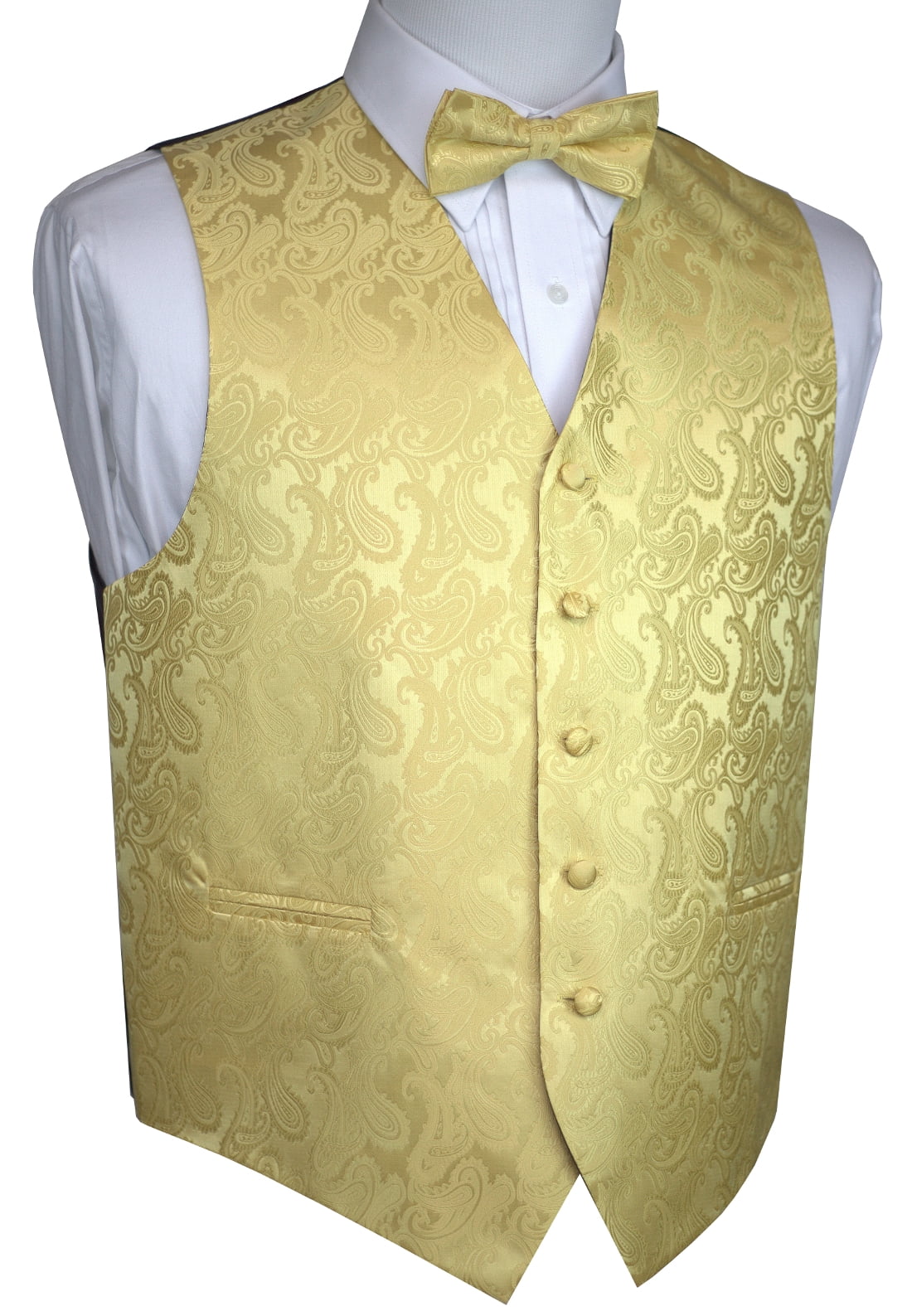 New formal men's tuxedo vest waistcoat & bowtie vertical stripes black gold prom 