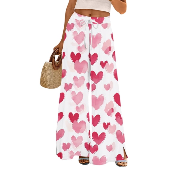 Women's Fashion Pocket Valentine's Day Print Stretch Adjustable Drawstring Wide Leg Pants, Elastic Waist Holiday Pants, Casual Lounge Wear for Women,Light pink,S