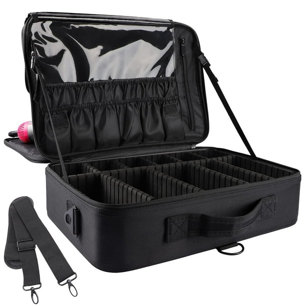 JOURMON Estuche de maquillaje de viaje, organizador de tren, bolsa de cosméticos portátil con divisores ajustables y correa para el hombro para brochas de maquillaje, artículos de tocador, accesorios