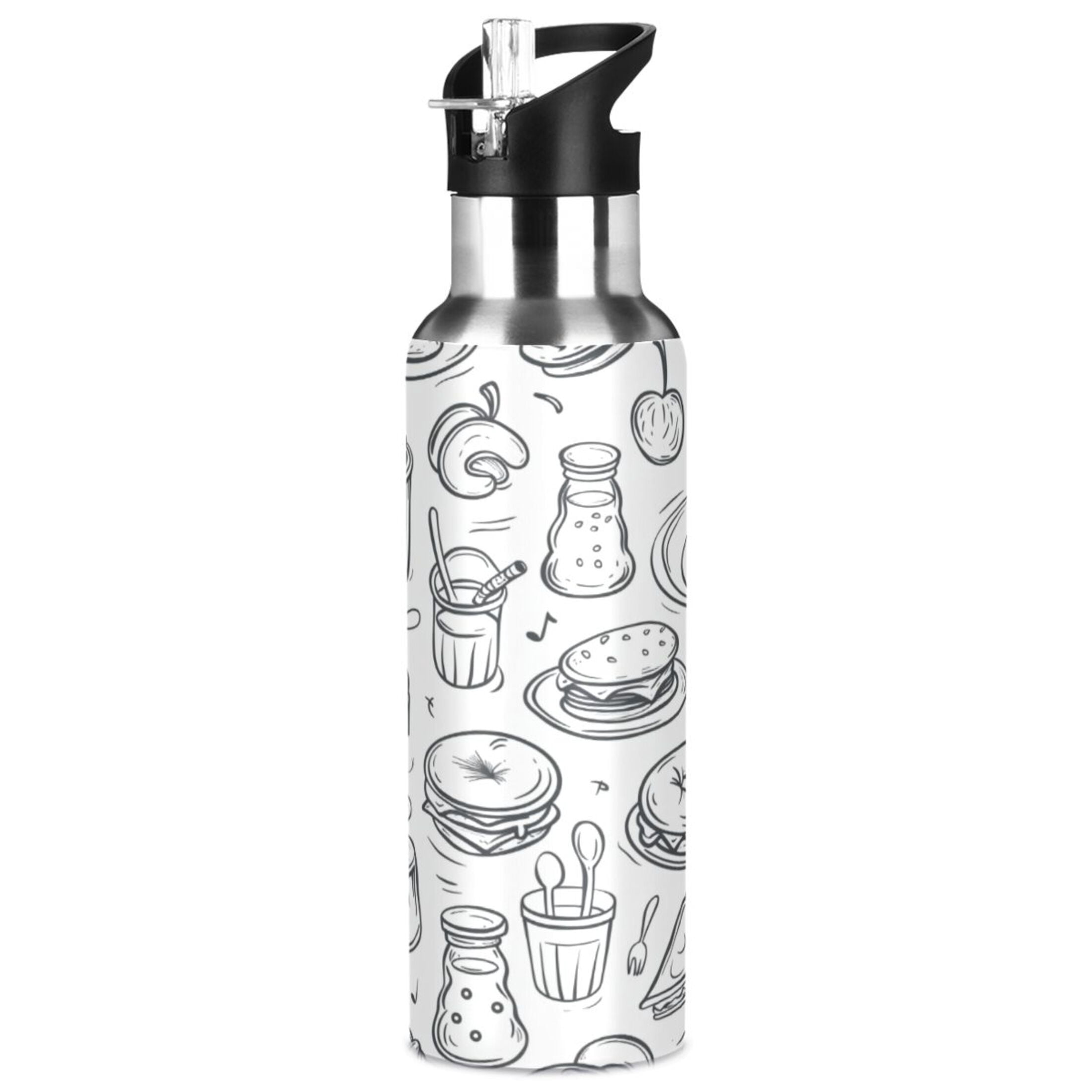 Water Bottles 20oz Straw Lid Wide Mouth Stainless Steel for School Sport Travel Pizza Burger Fruit Line