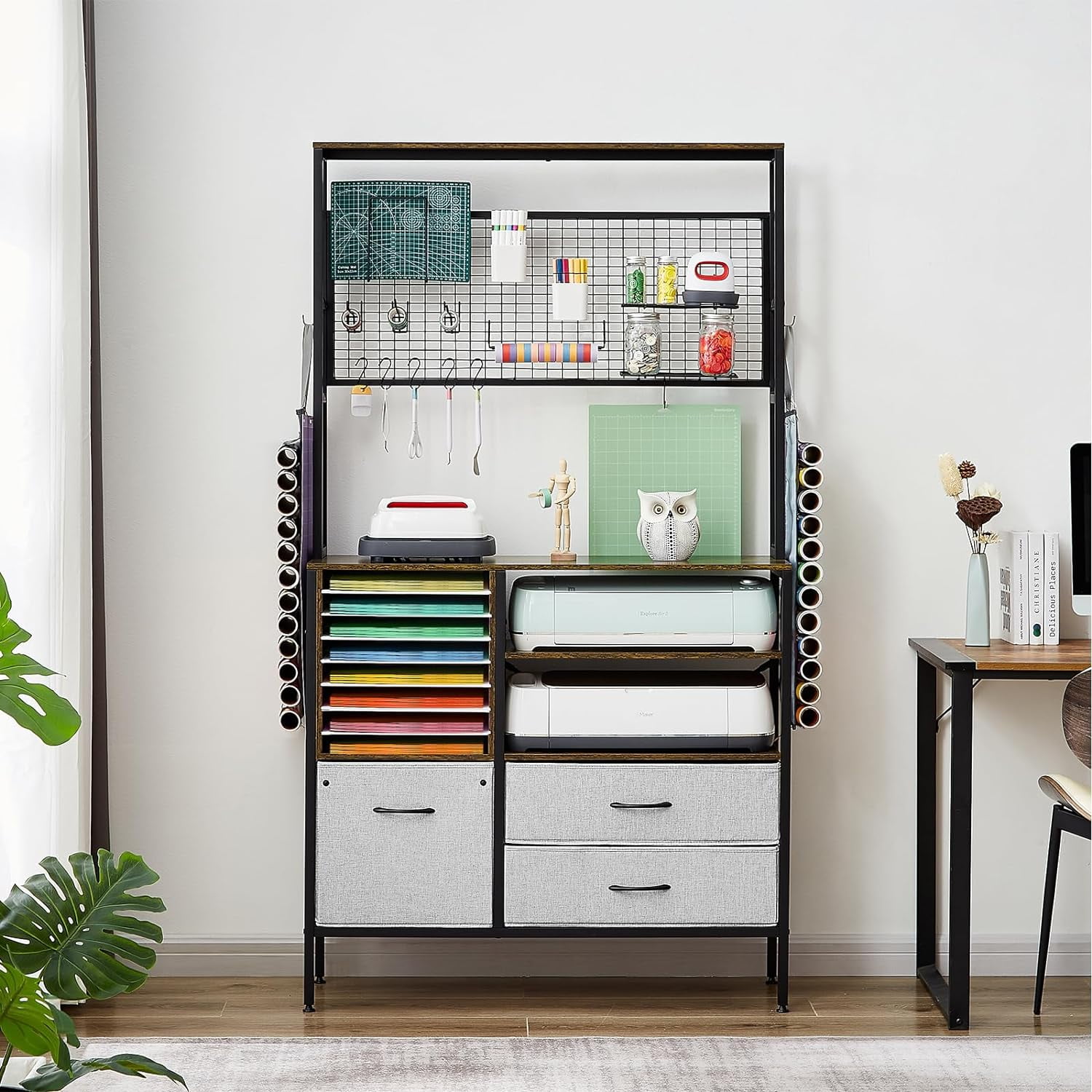 Craft Storage Cabinet Compatible with Cricut Maker 4 & Explore 5, Craft Organizer Desk with Storage for Adults, Vinyl Organization Solutions Table, Art Room Furniture, Accessories Station