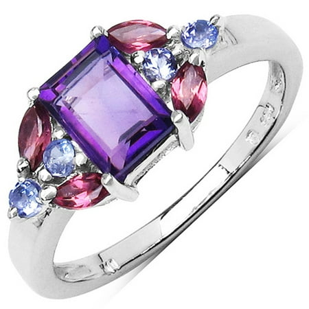 Amethyst Tanzanite Ring - Genuine Baguette Amethyst, Rhodolite Garnet and Tanzanite Ring in Sterling Silver - Size 6.00