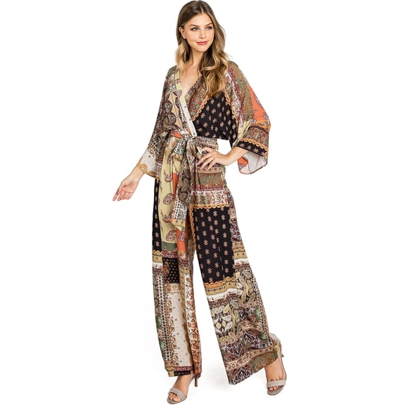 Flying Tomato Women's Patchwork Bohemian Chiffon Jumpsuit (S, Black/Khaki)