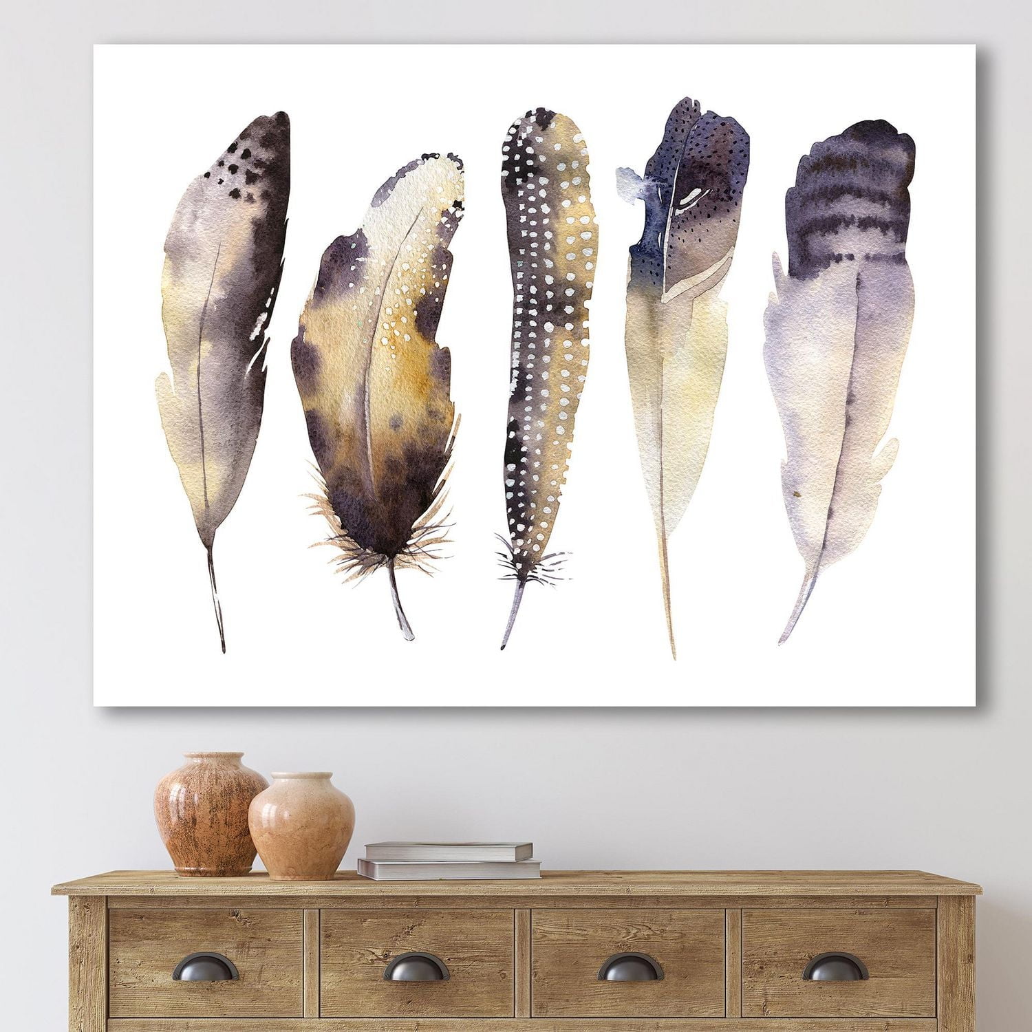 Designart Boho Ethnic Dark Gray Feathers I Canvas Wall Art