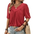 thumbnail image 6 of Fanxing Elbow Length Sleeve Shirts for Women Summer V Neck T Shirt Loose Fit Casual Pleated Tops Red,M, 6 of 8