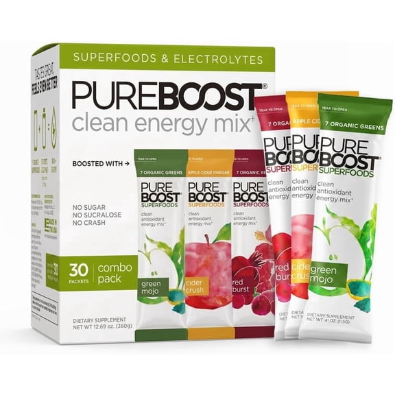 Pureboost Superfoods Clean Energy Booster Refreshing Enery Drink Mix with Apple Cider Vinegar, Organic Superfoods, Sugar-Free Electrolytes,