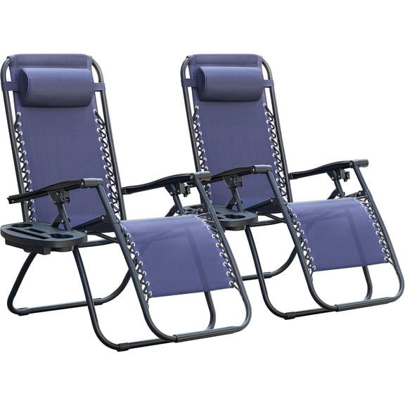 Zero Gravity Chair Patio Folding Lawn Outdoor Lounge Gravity Camp Reclining Lounge Chair with Cup Holder Pillows for Poolside Backyard and Beach Set of 2 (Blue)
