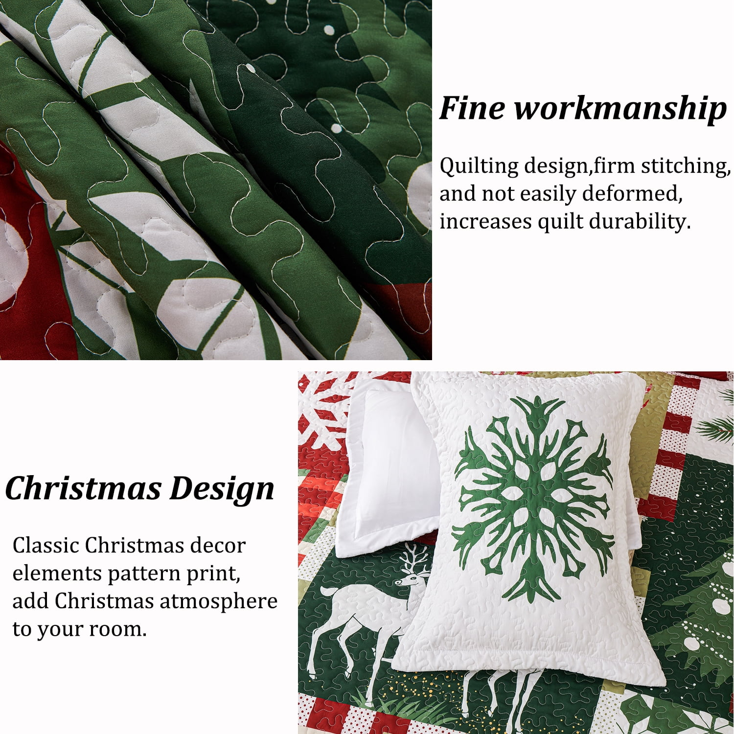 Evenhug Christmas Quilt Set,5-Piece Queen Size Christmas Santa Tree Elk Christmas Themed Patchwork Bedding Set Reversible Coverlet Set with 4 Pillow Shams