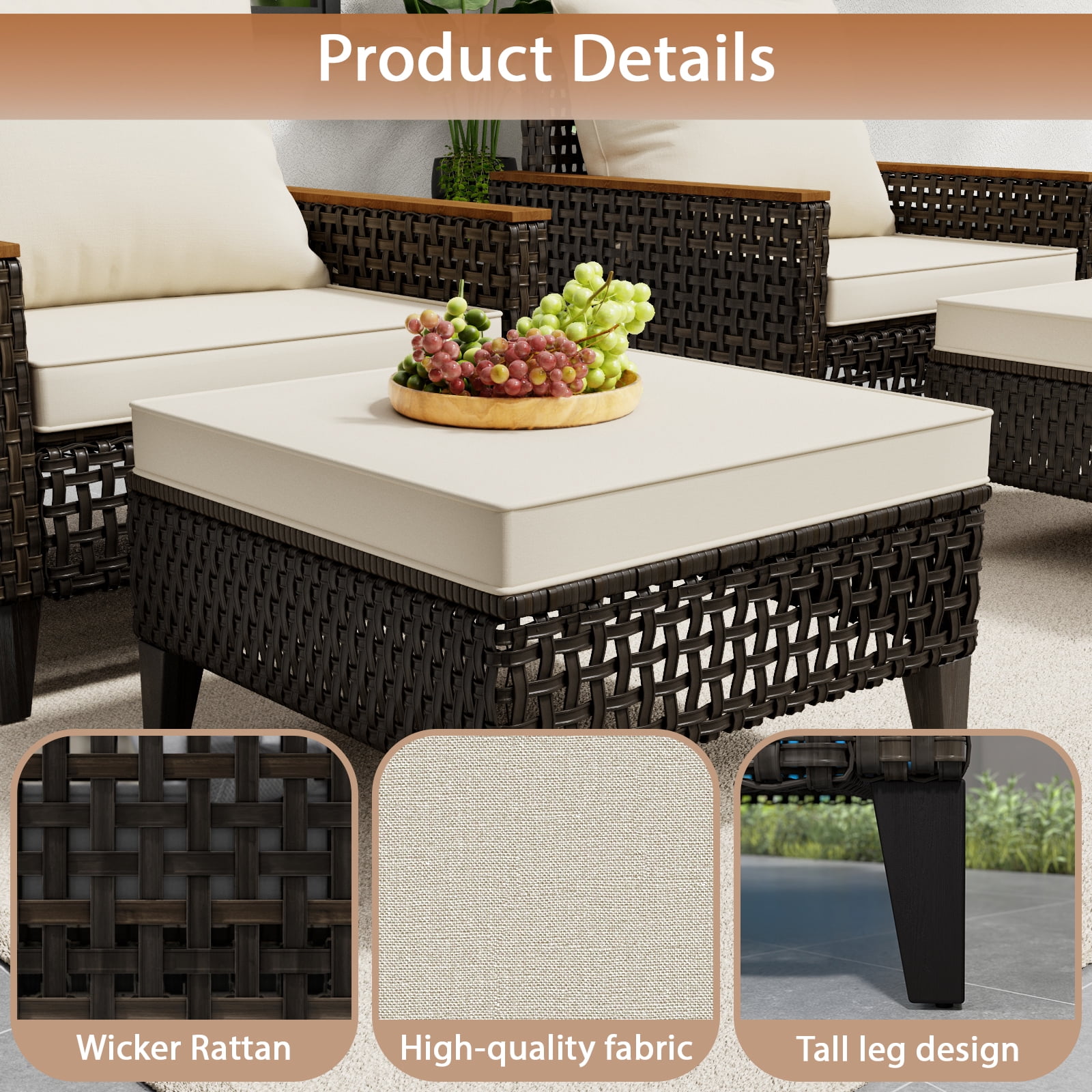 Wallowsun Patio Furniture Set,7 Pieces Outdoor Sectional Sofa Set,All-Weather Wicker Rattan High Back Patio Conversation Set with Ottomans and 4" Thick Cushions for Pool Patio Backyard, Beige
