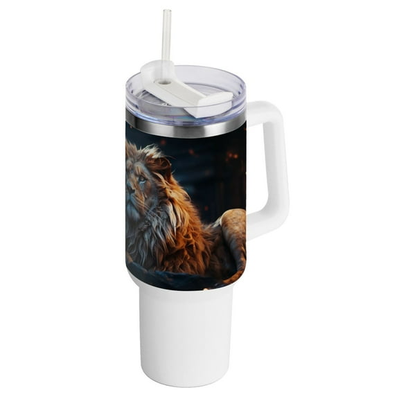 Lion Stone 40 oz Tumbler with Handle Insulated Travel Mug Lid Straw Leak Proof Steel Vacuum Water Bottles Glasses Fits in Car Cup Holder