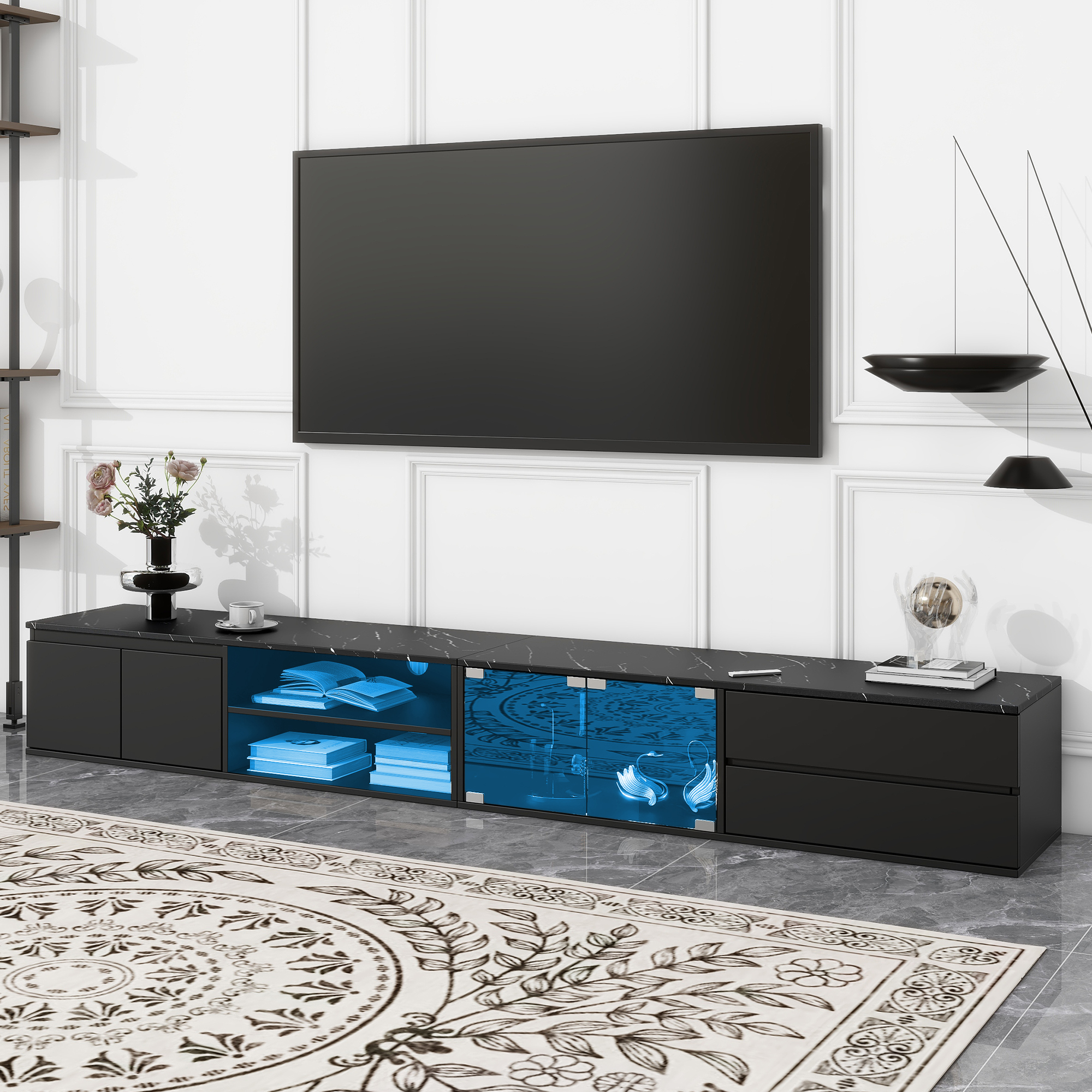 EUROCO 94.5" TV Stand Up to 100/105 inch TV,Modern APP LED TV Stand for Living Room,High Gloss Entertainment Center with Faux Marble Tabletop ,Tempered Glass Doors, 2 Drawers & Cabinets,TV Console