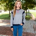 thumbnail image 2 of Women's Striped Crew Neck Sweatshirt with Contrast Sleeves - Large, Navy, 2 of 7