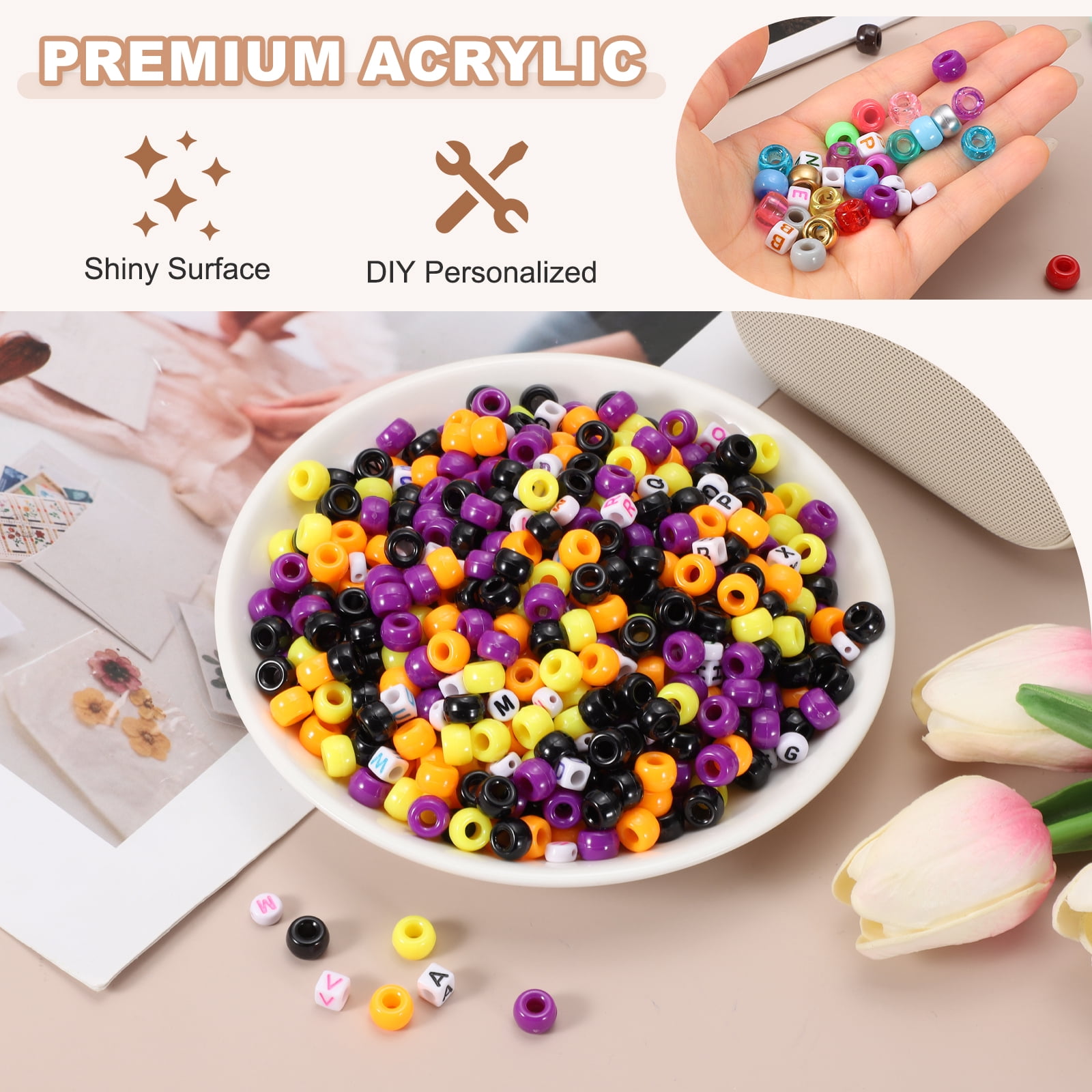 Uxcell 1000 Pcs Pony Beads 6 x 9 mm Acrylic Friendship Bracelet Making Kit with Letter Bead, Black/Orange/Purple