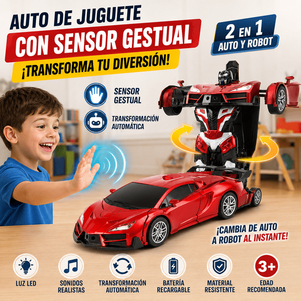 Robot Transformable RC con Sensor de Gestos | Control por Movimiento de Manos | Deportivo a Robot en Un Clic | Deslizamiento en Modo Robot | Efectos de Sonido de Motor | Rojo | Regalo para Niños