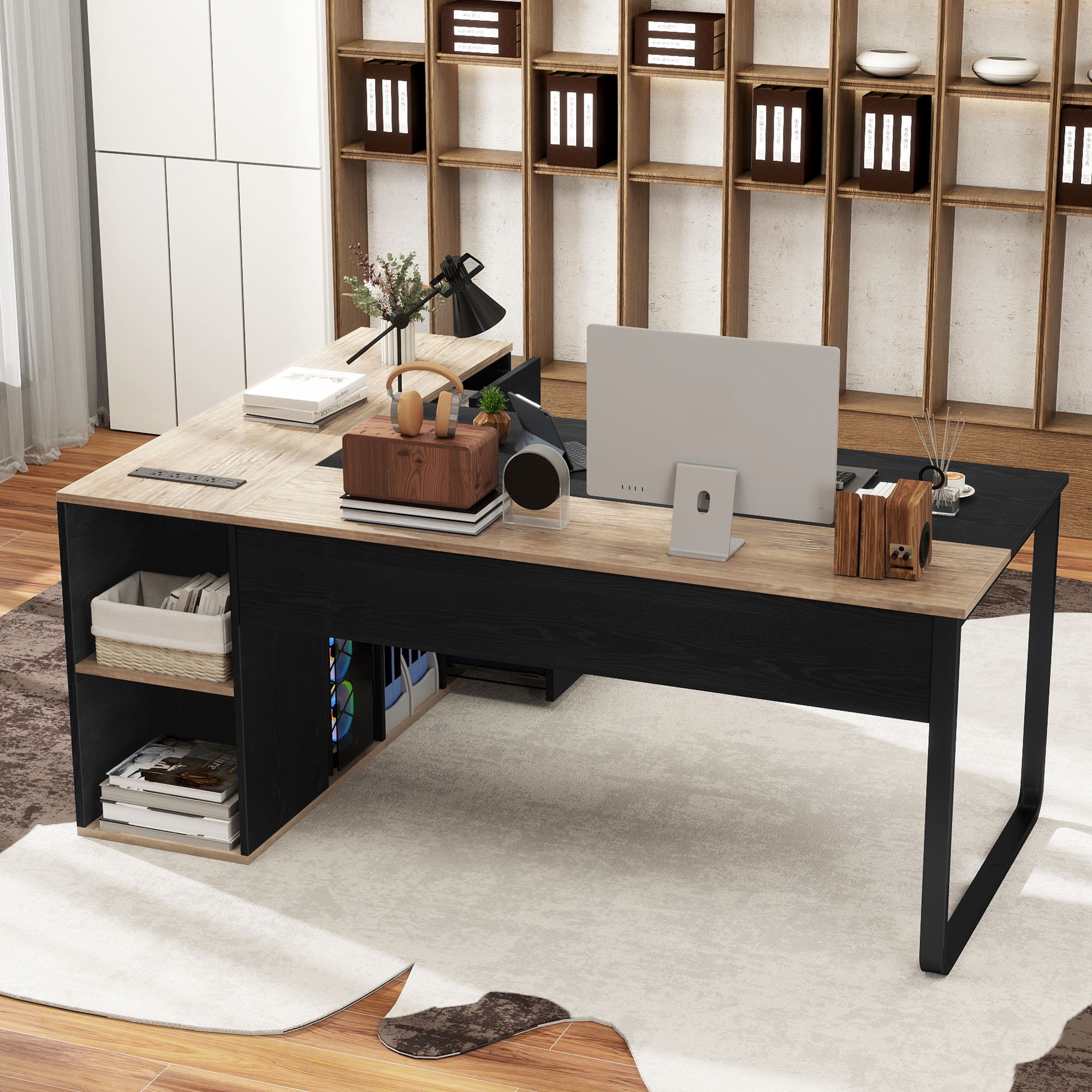 Craftian 71" L-Shaped Desk File Cabinet, Computer Desk with Power Outlets, Executive Desk for Home Office