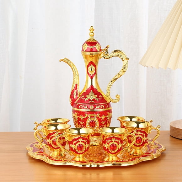 Juego de dispensador de vino antiguo europeo perfecl Set de Decantadores y Vajilla rojo dorado