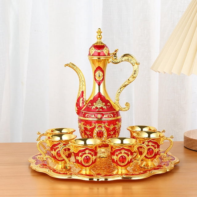 Juego de dispensador de vino antiguo europeo perfecl Set de Decantadores y Vajilla rojo dorado