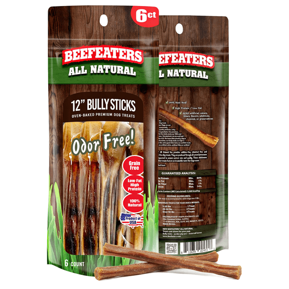 Beefeaters 12in Bully Sticks 6ct – All-Natural, Long-Lasting Dog Chews, Ideal for Large Dogs & Puppies, Promotes Oral Health, Digestible, No Additives, High Protein, Safe for Teething Puppies