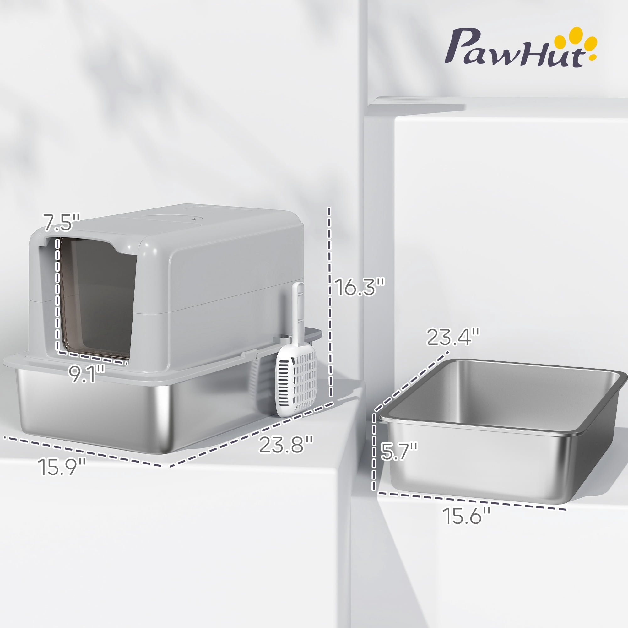 PawHut Stainless Steel Cat Litter Box, Extra Large 2 in 1 Kitty Litter Box with Removable Lid, Scoop, Filter Bags, for Small to Large Cats, Gray