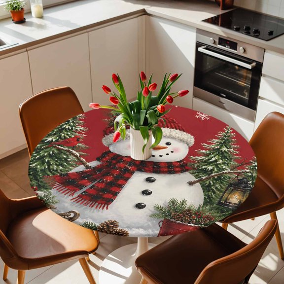 Round Fitted Tablecloth with Elastic Edge, Winter Snowman Snowflake on Red Fitted Table Cloth for Round Tables 36-44in, Christmas Tree Cardinal Pinecone Waterproof Tablecloth for Outdoor Picnic