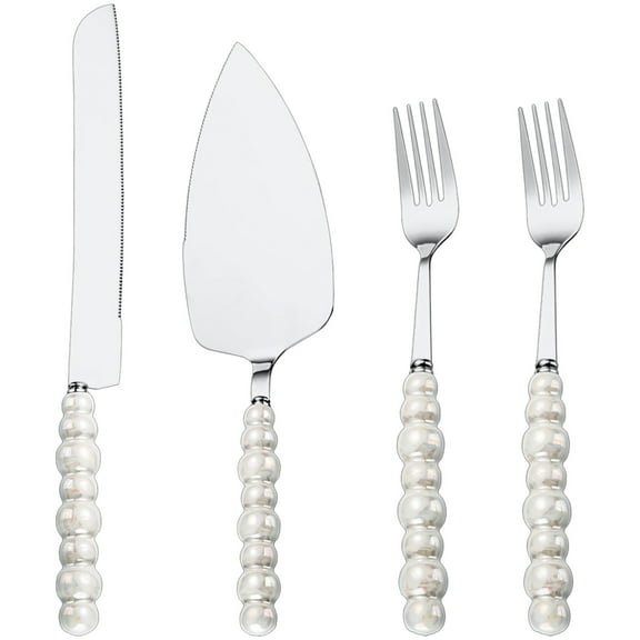 4 Pcs Wedding Cake Knife, Fork and Server Set, Stainless Steel with Pearl White Handle, Serrated Knife, Forks for Party, Anniversary, Bridal Shower, Event