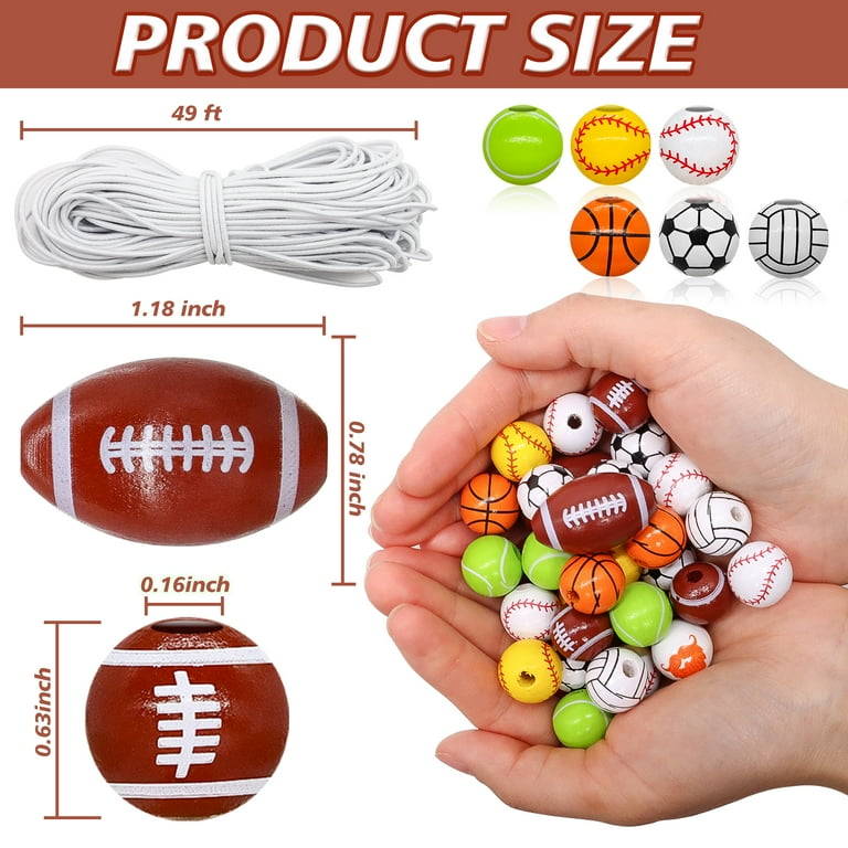 64 Pieces Sports Ball Wooden Beads, Wooden Sports Beads with Baseball,  Basketball, Football, Volleyball, Tennis, DIY Crafts Beads, Wooden Beads  for