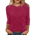 thumbnail image 1 of Chandails d'Automne Grande Taille pour Femmes Automne et Hiver Couleur Unie Col Rond Bas Rayé Ample Décontracté Manches Trois-Quarts, 1 of 5