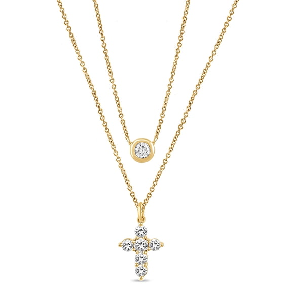 Brilliance Fine Jewelry 2-in-1 Layered Cross & Solitaire Necklace, Lab-Grown Diamonds, Yellow Gold-Plated Silver