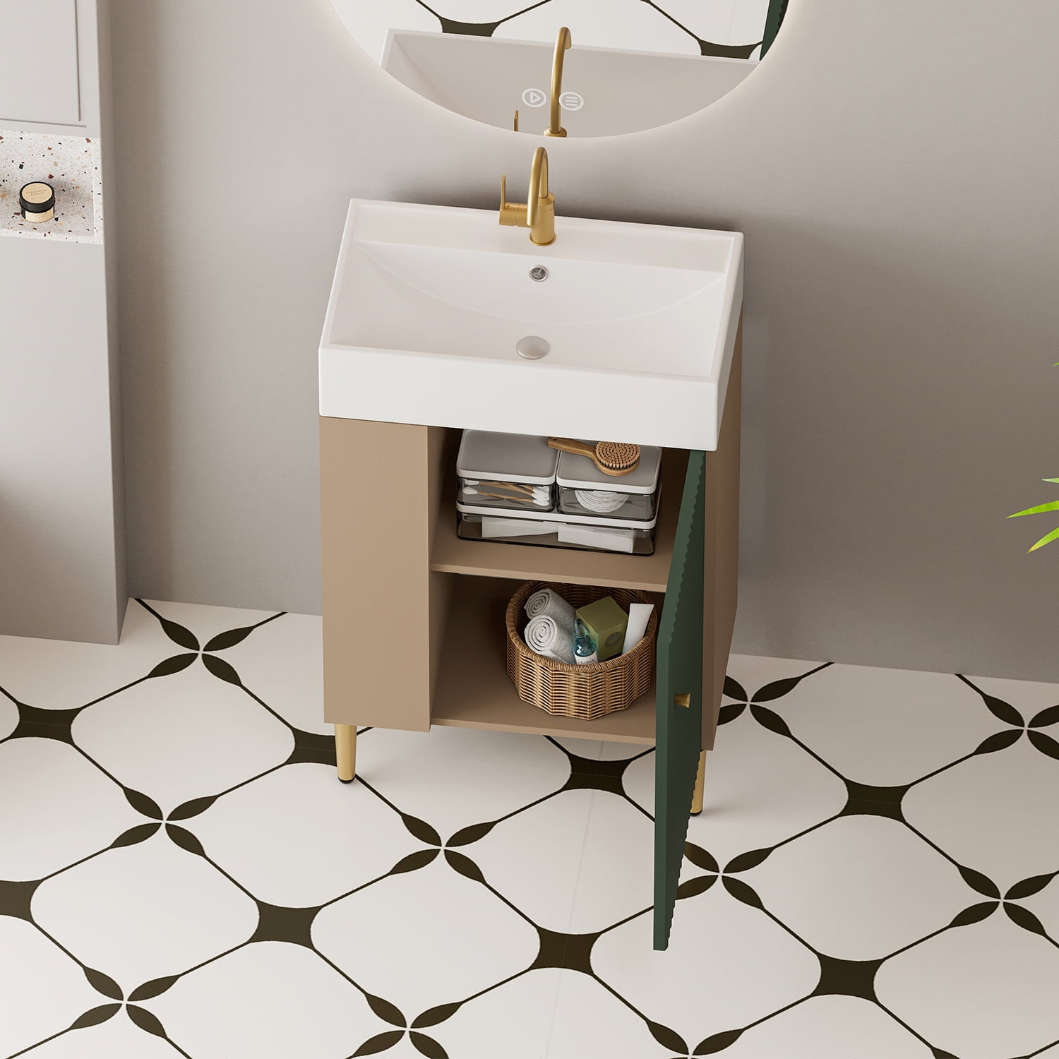 Demi Bonn 21" Bathroom Vanity with Ceramic Sink and Soft-Closing Door, Cloakroom Open Shelf Storage Cabinet on the Left Side, Faucets and Drains Not Included, Green