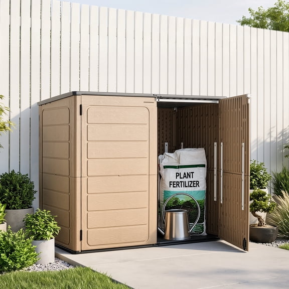 VEVOR Outdoor Storage Shed 48 Cu Ft Horizontal Resin Storage Cabinet Brown, for Garage, Backyard Patio Accessories and Garden Tools, Waterproof Outside Lawn Mower Shed with Lockable Doors and Floor