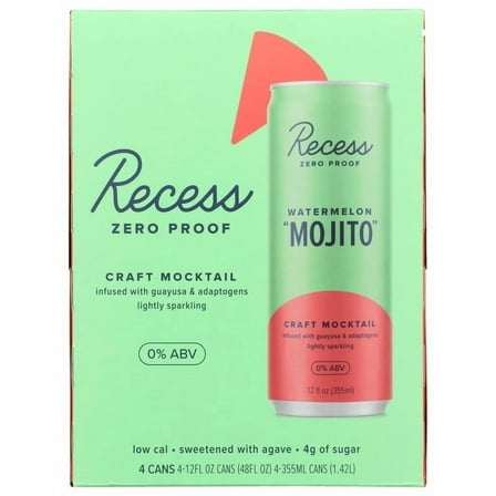 Recess Zero Proof Craft Mocktail, Watermelon “Mojito,” 12 fl oz Aluminum Cans, 4 Pack, Alcohol-Free Drink with Adaptogens, Non-Alcoholic Beverage, Liquid