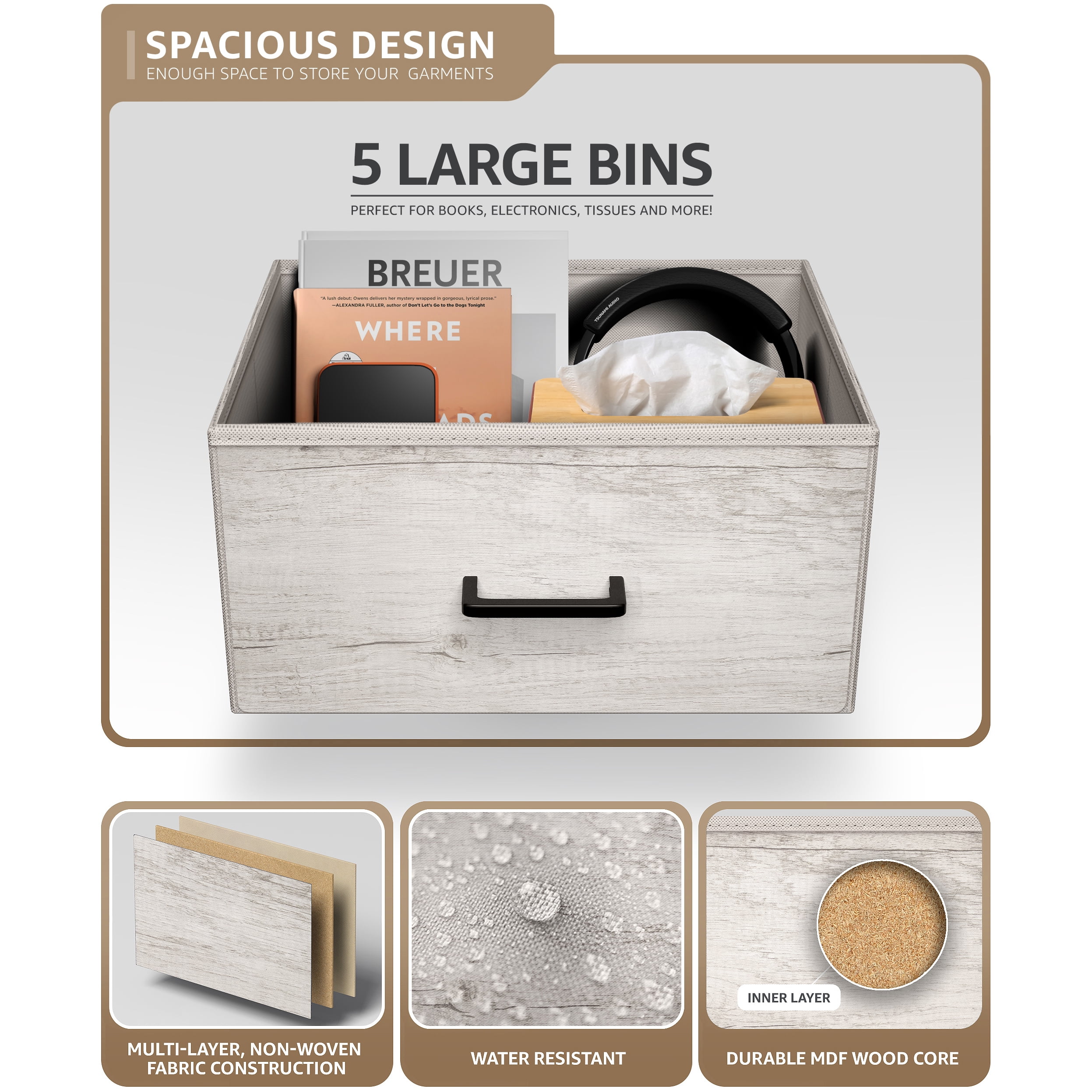 Sorbus Narrow 5-Drawer Dresser Nightstand, Rustic Beige, Steel Frame, Wood Top