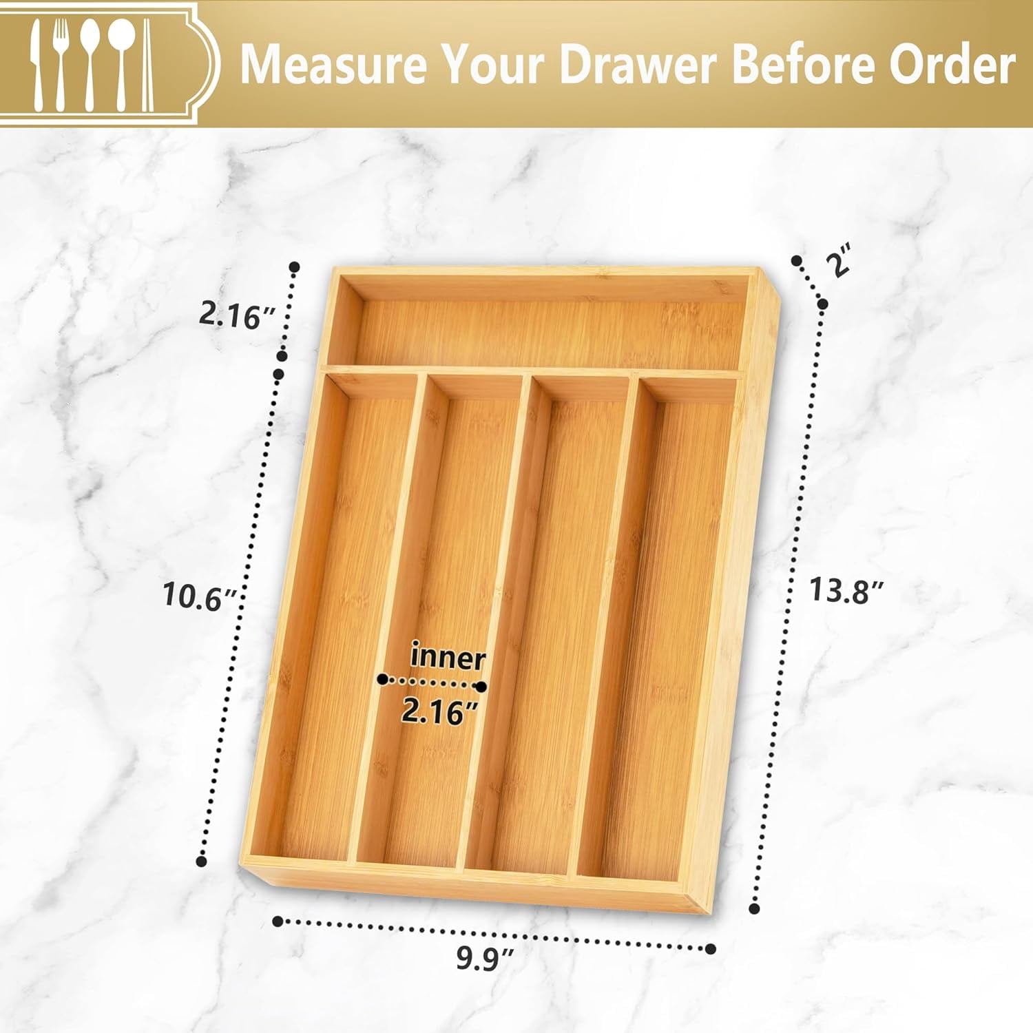 , 10 Inch Utensil Organizer Kitchen Drawer Organizer Bamboo Silverware Holder Cutlery Tray Organizer in Drawer Flatware Organizer Tray(5 slots, Natural