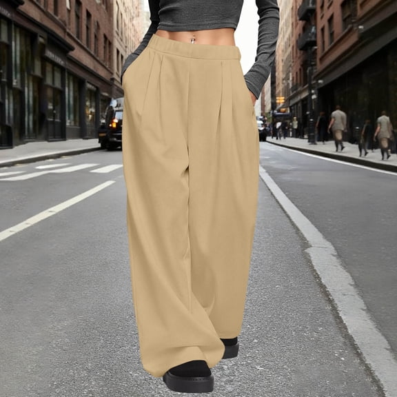 BRGZLK Wide Leg Pants for Women Fashion Casual Solid Color Pleated High Waisted Elastic Waist Business Outdoor Casual Long Pants with Pockets Khaki M