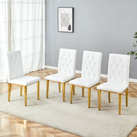 White and Gold 4-Piece Armless Dining Chair Set with Grid Back Design and PU Leather Seat for Kitchen and Dining Room