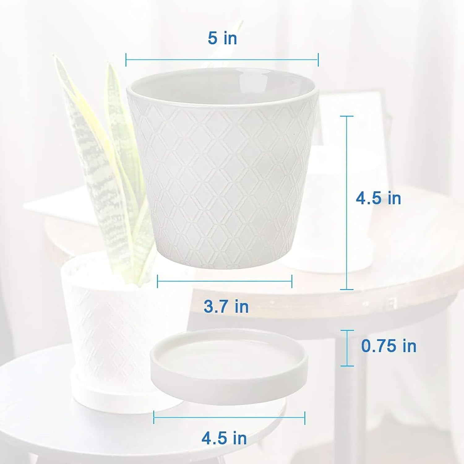 BUYMAX 5" Ceramic plant pots with drainage hole and tray, 4-Pack-4-patterns, gardening home desktop office windowsill decoration， white flower pots indoor