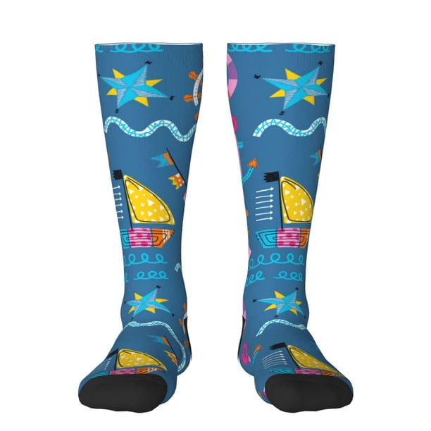 Fotbe Sailboat With Sailing Calcetas Divertidas Estampadas para Hombre y Mujer, Calcetas de Algodón hasta la Rodilla para Caminar, Correr, Enfermería y Embarazo
