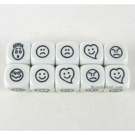 Smiley Face Dice White Dice with Black Faces D6 16mm (5/8in) Pack of 10 Koplow Games