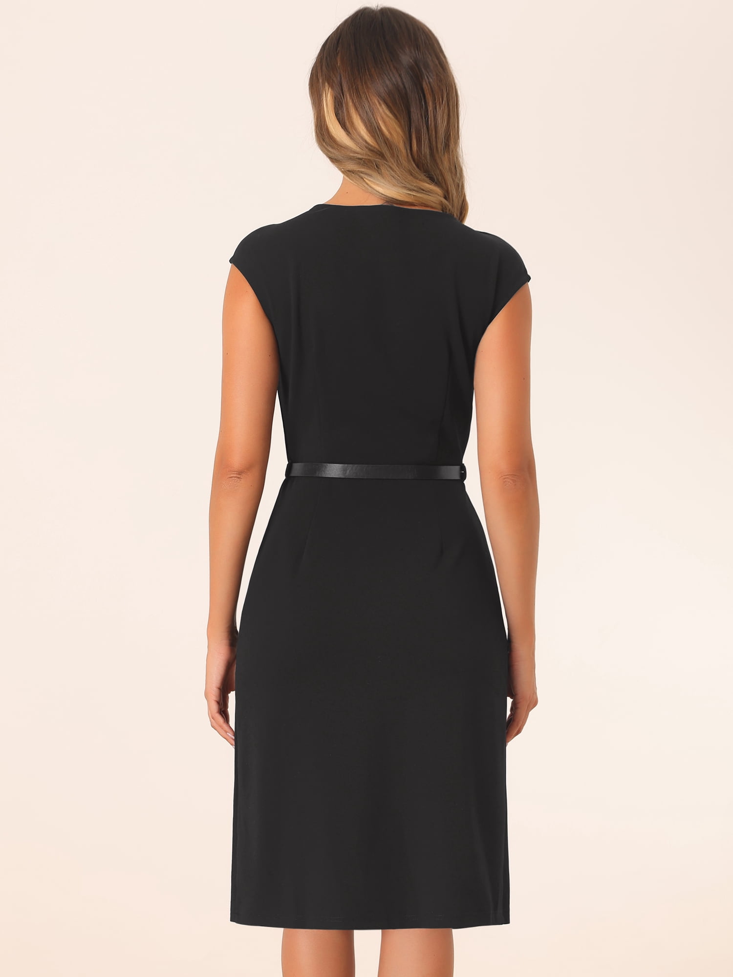 DARING DIVA Elegant Round Neck Cap Sleeve Belted Work Sheath Dresses M Black