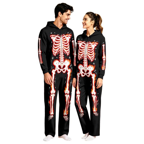 YUEHUA Holiday Sleepwear Jumpsuit, Unisex Skeleton Pattern One-Piece Pajamas, Soft & Warm for Layering, for Couple's Outings