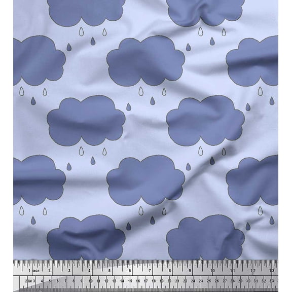 Soimoi Blue Poly Georgette Fabric Rainy Cloud Nature Print Sewing Fabric Yard 42 Inch Wide