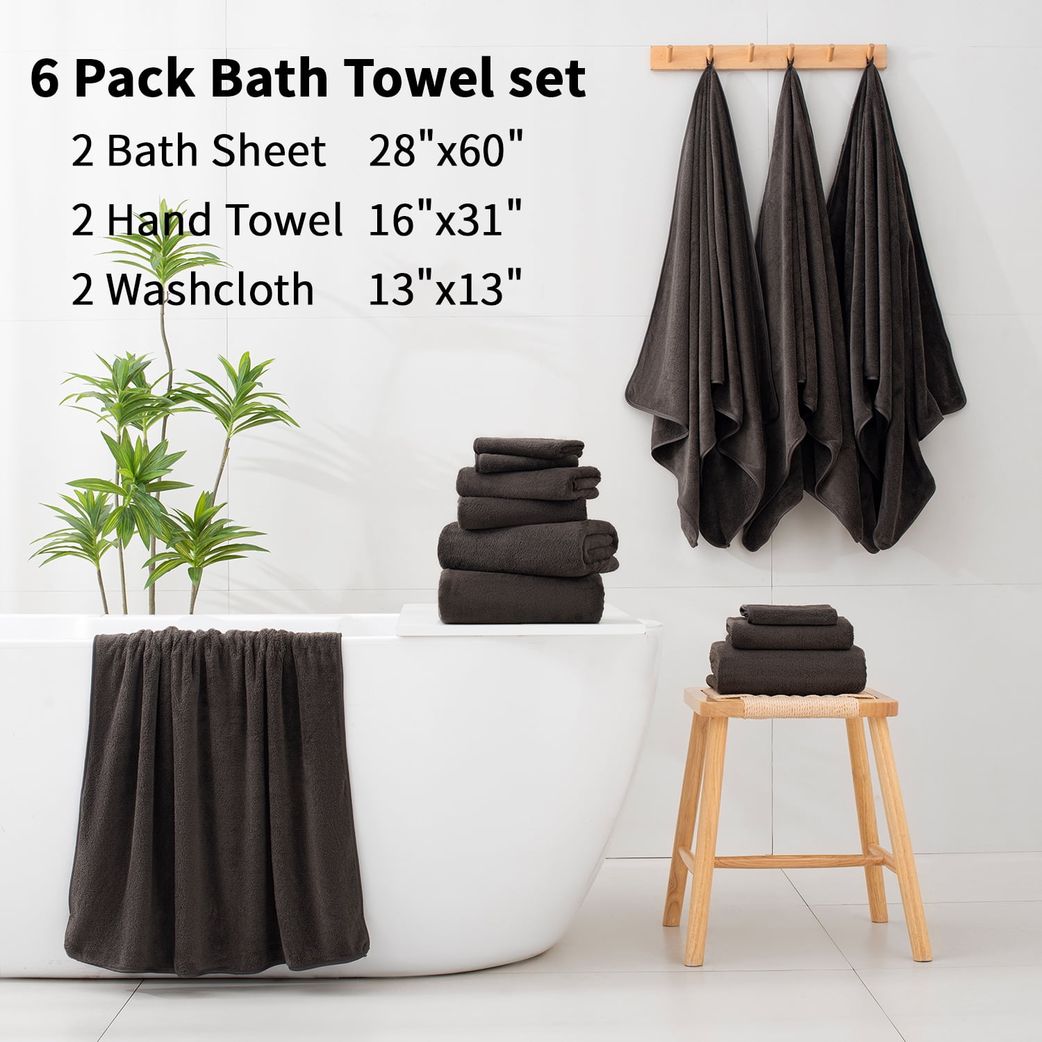 Beartech 6 Pack Bath Towel Set,Microfiber Towel Set,2 Bath Sheet,2 Hand Towel,2 Washcloth,Ultra Soft & Quickly Dry Bathroom Towel Set,Plush Highly Absorbent Shower Towel For Hotel Spa-Black Brown