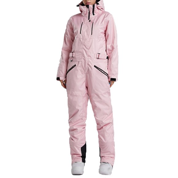 FAVIPT Women's Hooded One Piece Snowsuit Waterproof Warm Insulated Jumpsuit Outdoor Ski Snowboard Suits Pink,M