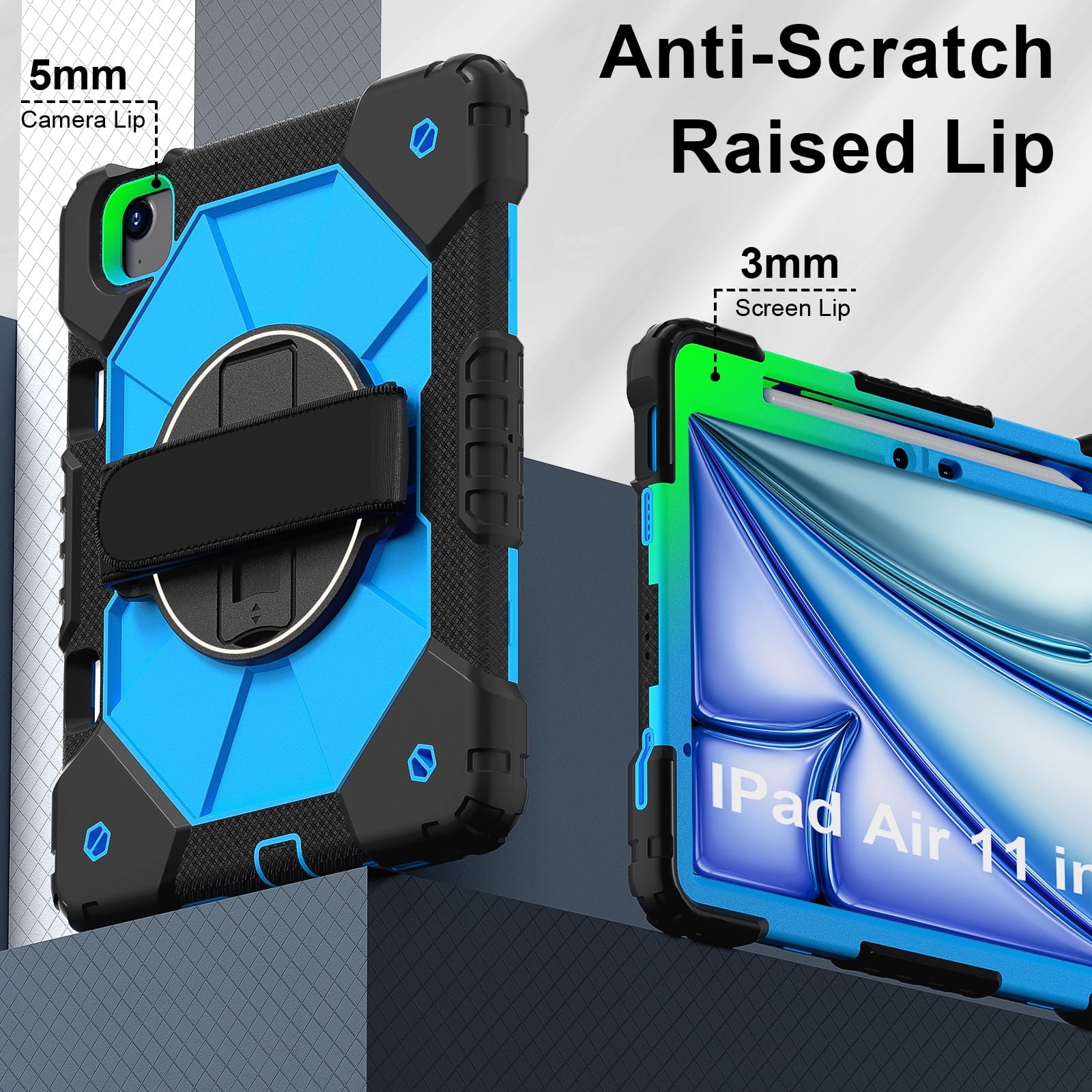 Allytechgroup iPad Air 11 Inch M4 M3 M2 2026 2025 2024 Case Cover with Pencil Holder, Rugged Heavy Duty Protection with Kickstand & Hand Strap Shockproof Kids Friendly Case for Apple iPad Air 11"