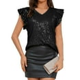 thumbnail image 2 of JGNGSHN Women’s Sequin V Neck Top – Sparkly Ruffle Sleeve Blouse for Party, Holiday, Clubwear or Evening Look, Shiny Dressy Fashion Shirt Black XXL, 2 of 9