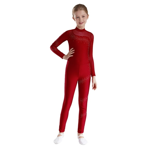 YONGHS Kids Girls Gymnastics Dance Leotard Unitard Rhinestone Splice Mesh Long Sleeve Skating Jumpsuit Burgundy 8