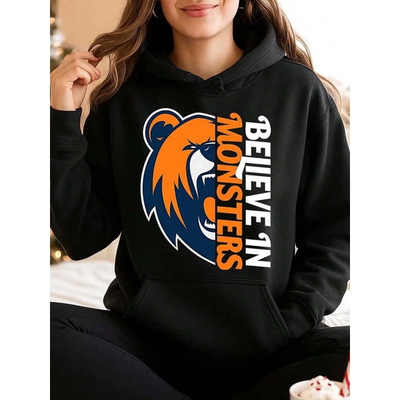 Women Hoodie Chicago Football Bear Logo Believe In Monsters Print Sweatshirt Top Casual Wear Comfortable Fabric Perfect As Gift