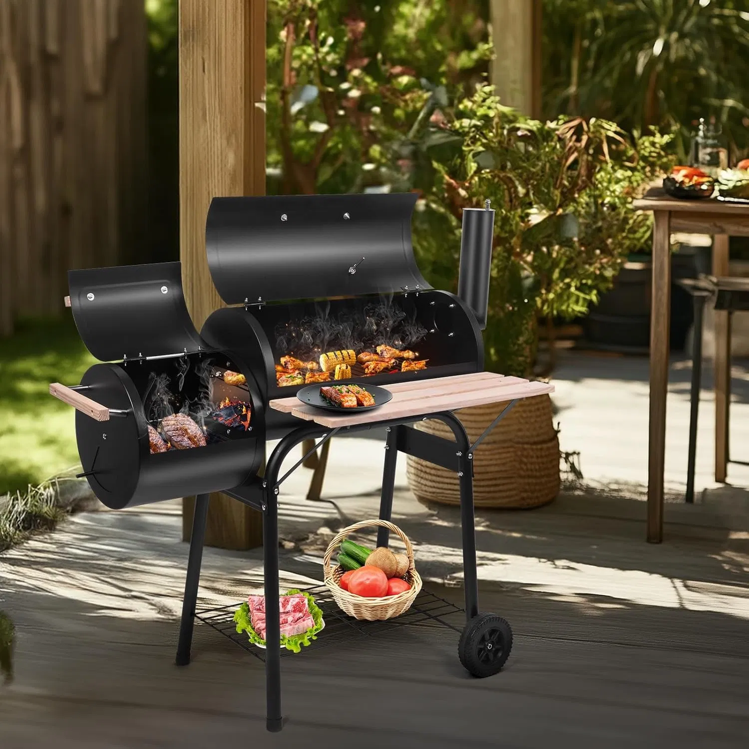 YDLW Charcoal Offset Smoker Grill - Family-Size 4-6 Person BBQ with Temperature Control & Portable Wheels